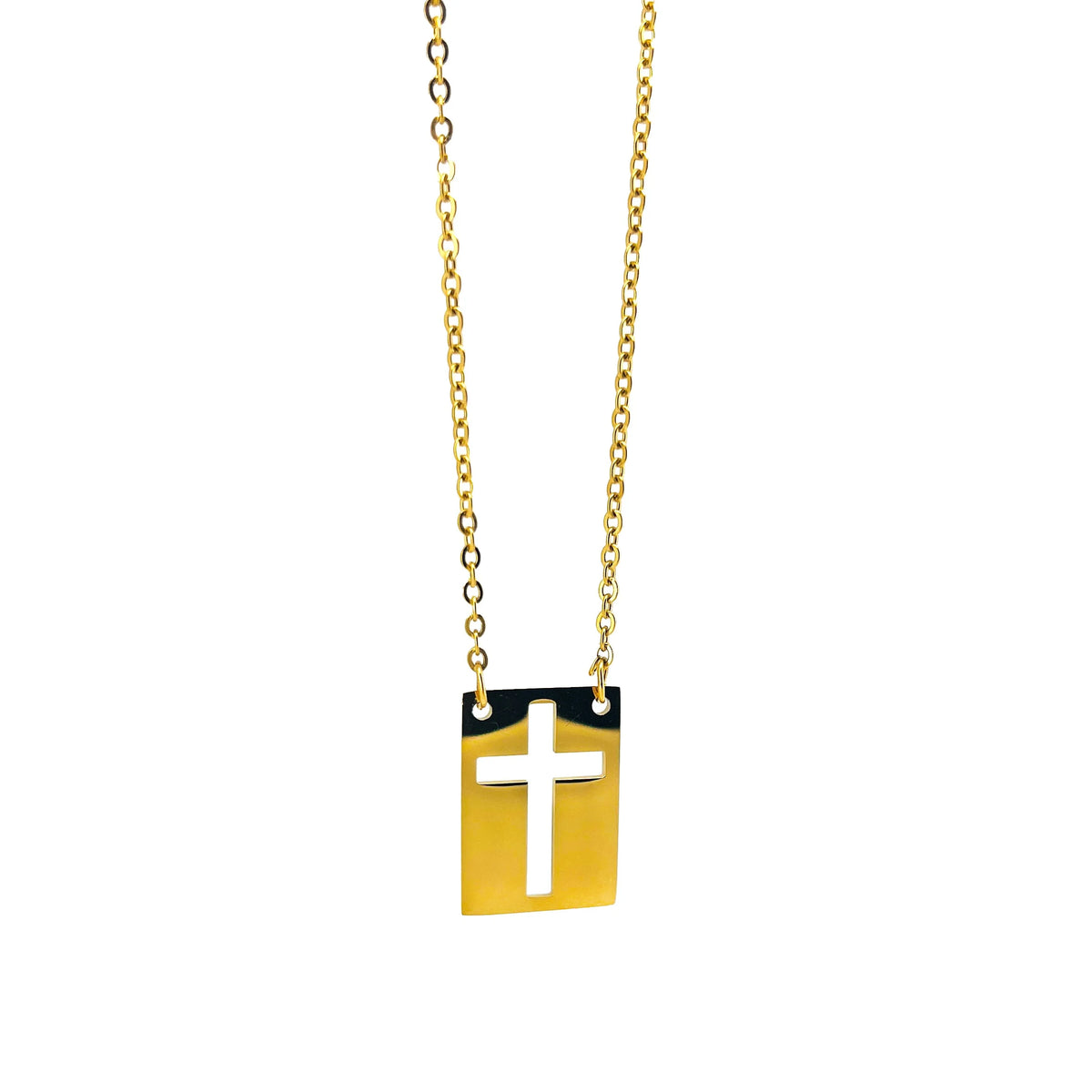 Gold-colored pendant necklace featuring a rectangular charm with a white cross cutout.