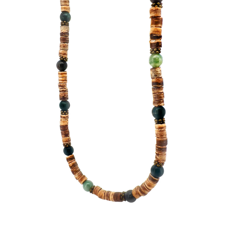 Necklace made of wooden beads and colored stones.