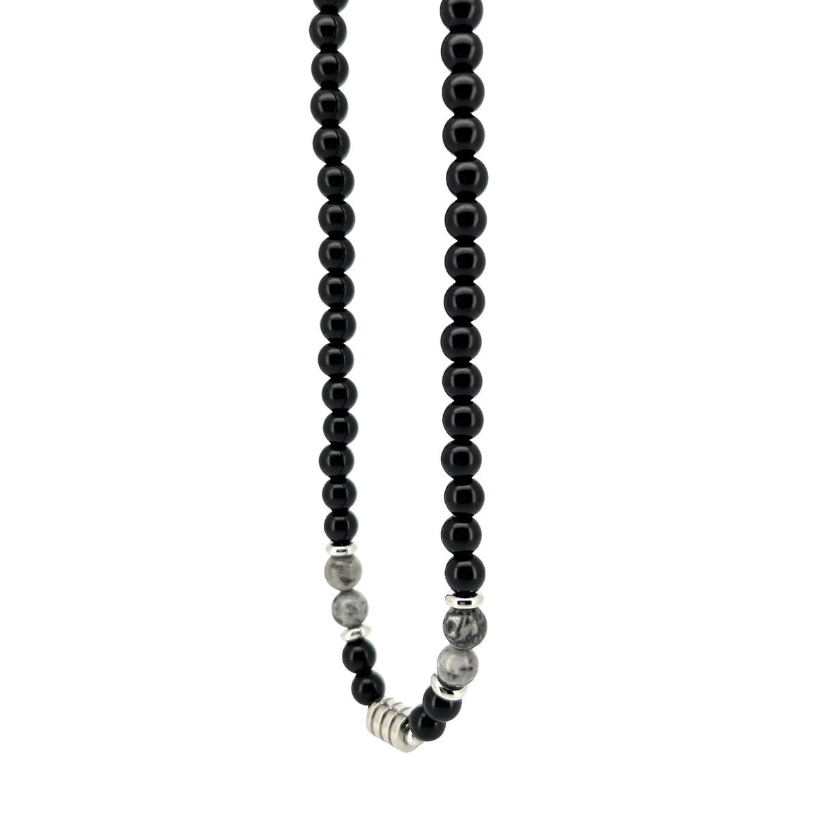 Black beaded necklace with silver accents.