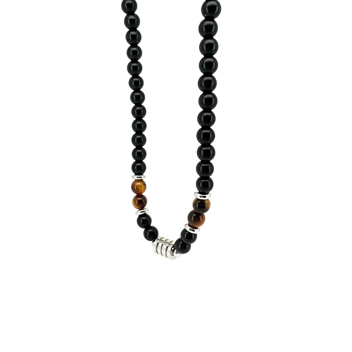 Beaded necklace with black, brown, and silver beads.