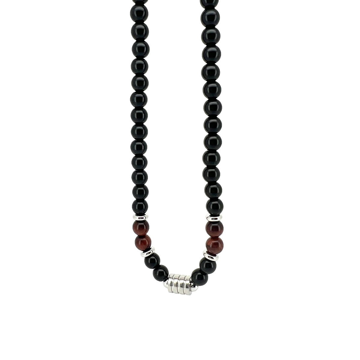 Beaded necklace with black and red spheres and a silver cylindrical bead.