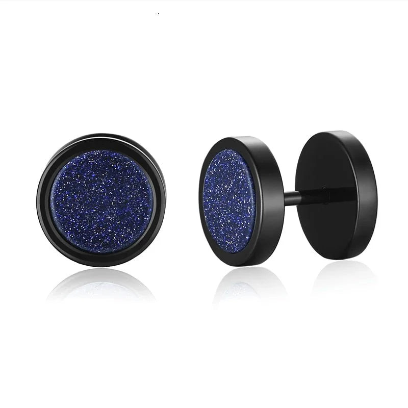 Pair of black stud earrings with glittery blue centers.