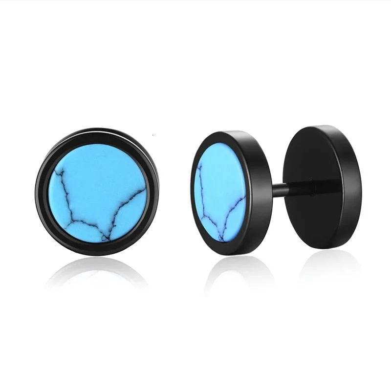 Pair of circular stud earrings with turquoise-colored stone inlays and black metal settings.