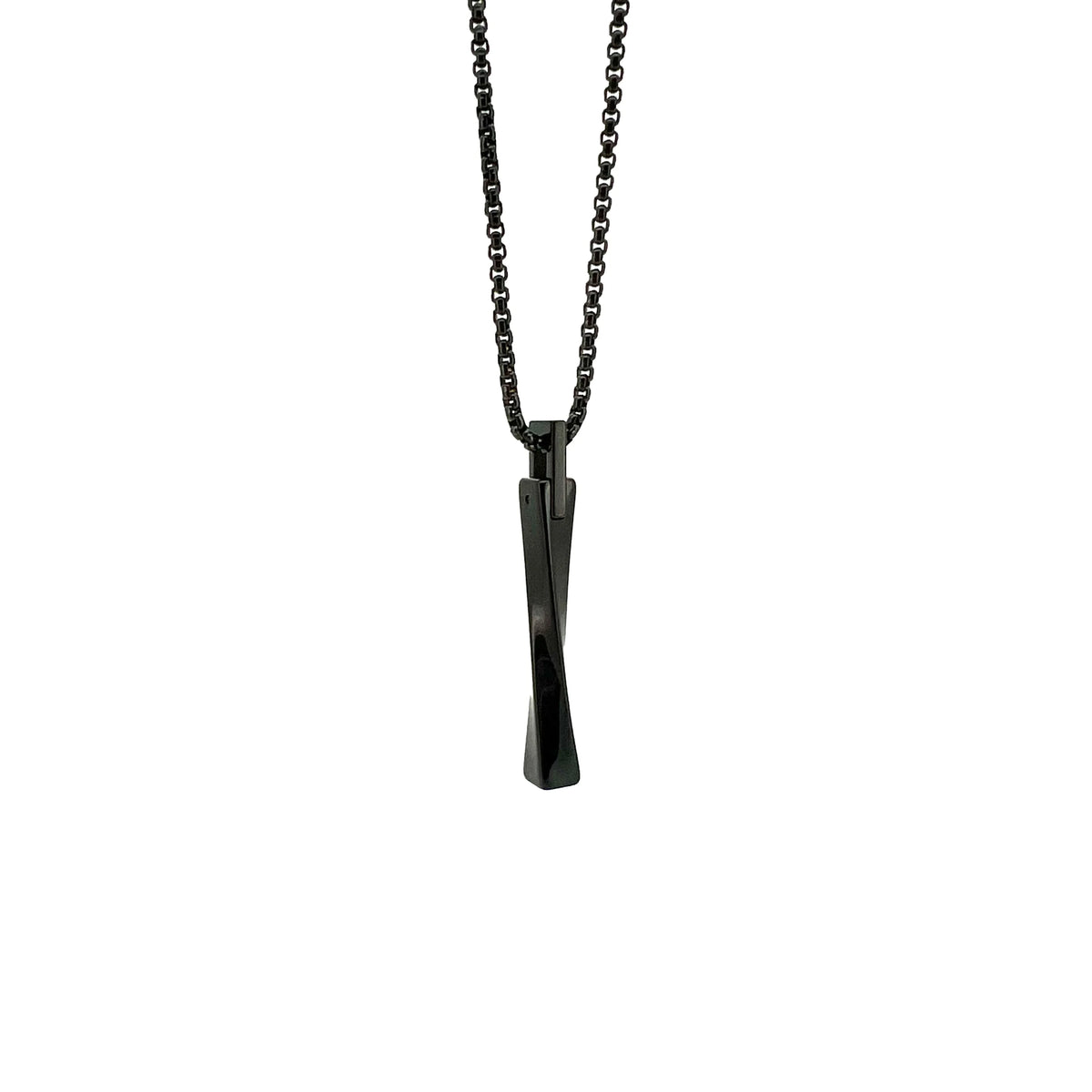 Black twisted metal pendant on a dark chain necklace.