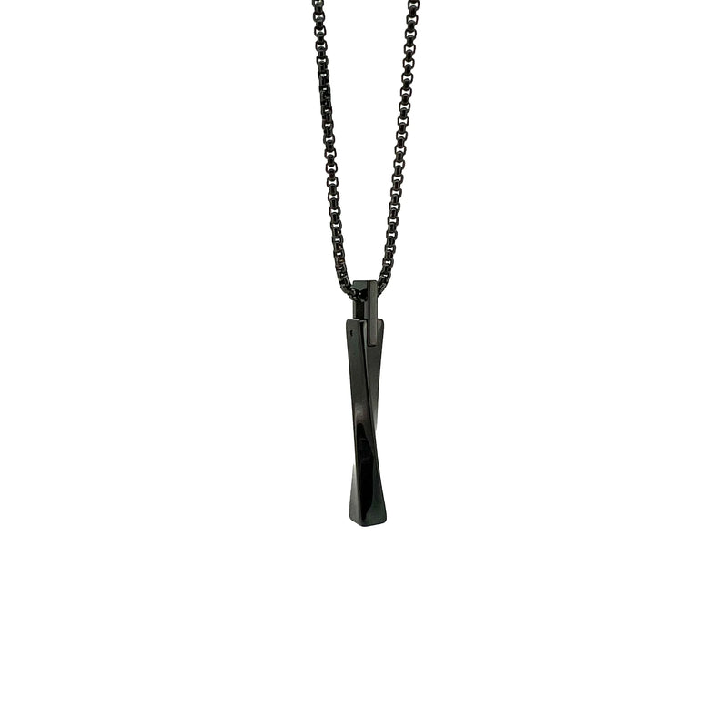 Black twisted metal pendant on a dark chain necklace.