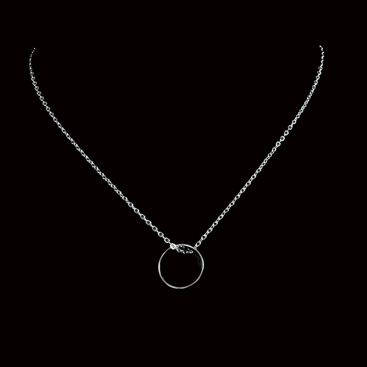 Delicate silver necklace with a circular pendant.