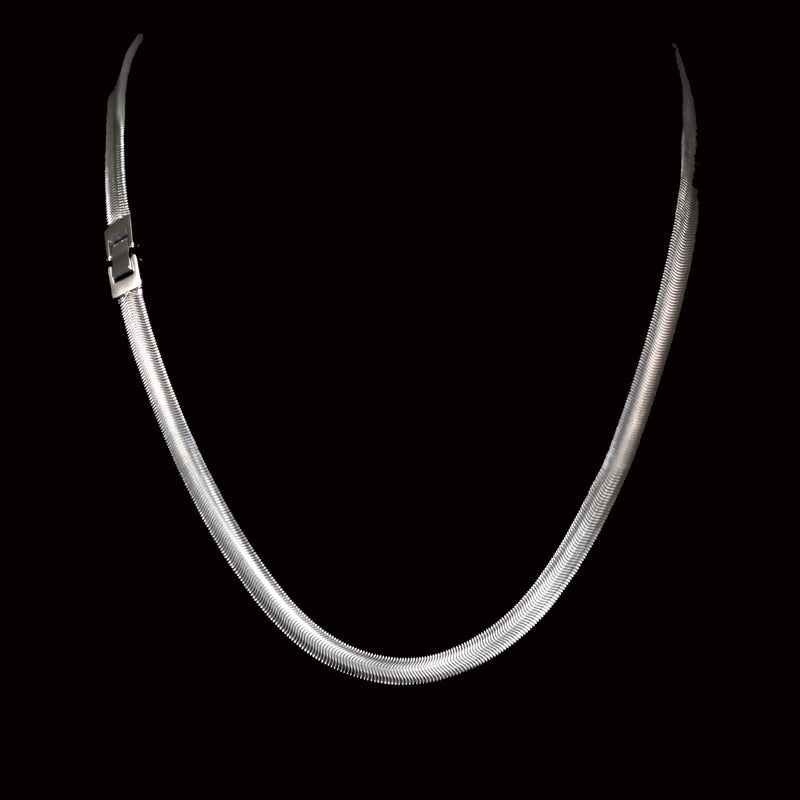 Silver snake chain necklace with a clasp.