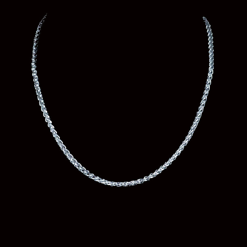 Silver chain necklace with a twisted rope-like design.