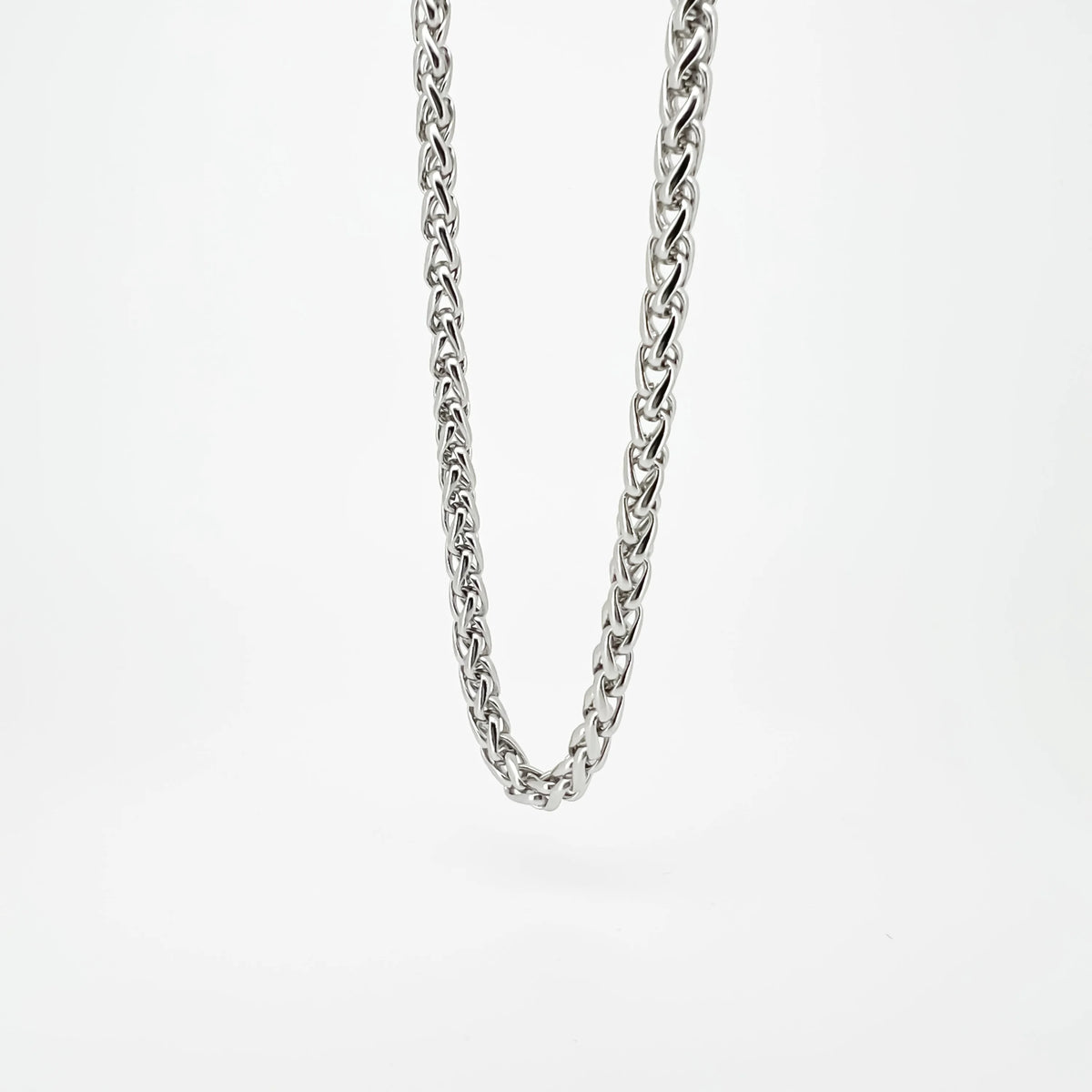 Silver chain necklace with interlocking links.