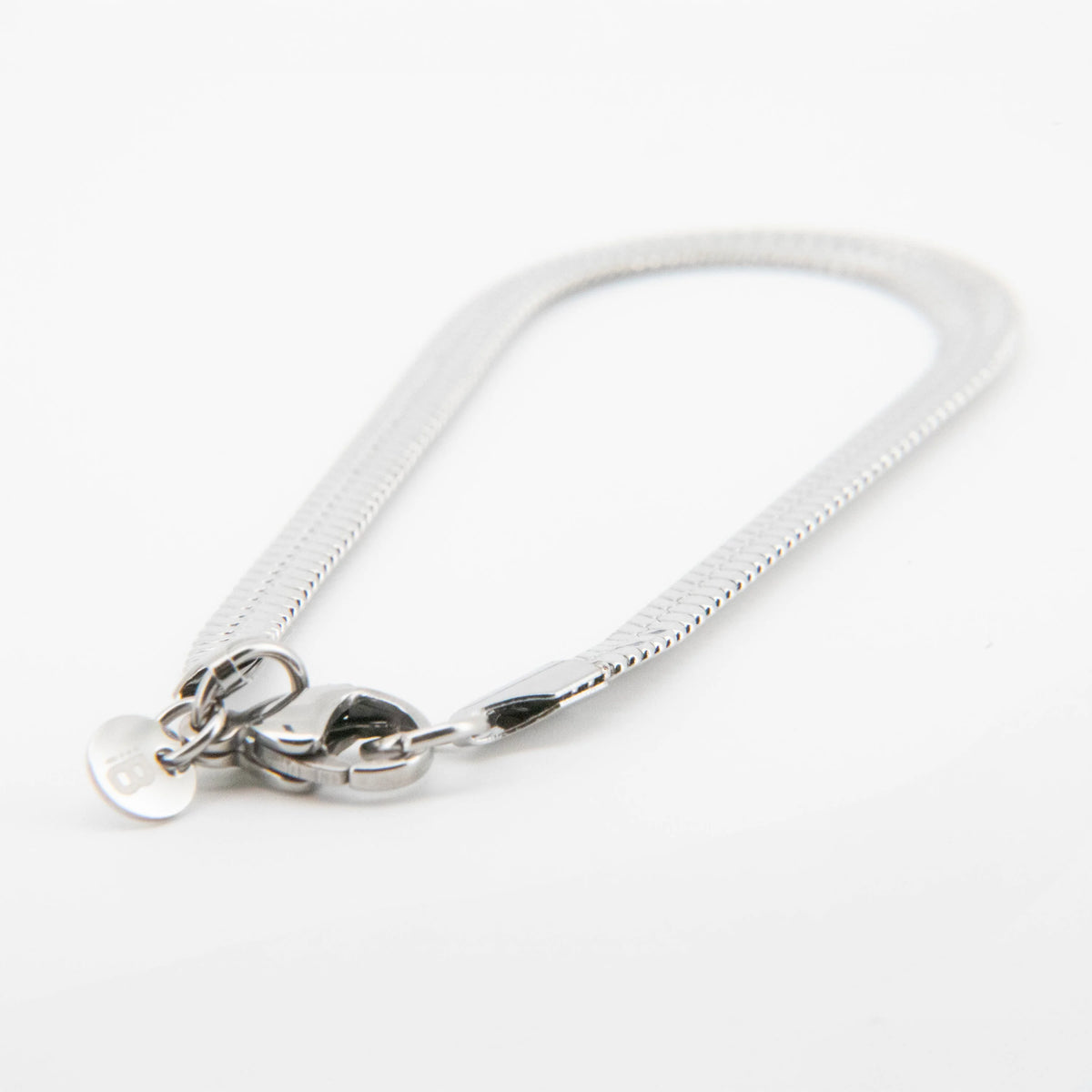 Silver chain bracelet with a clasp fastening.