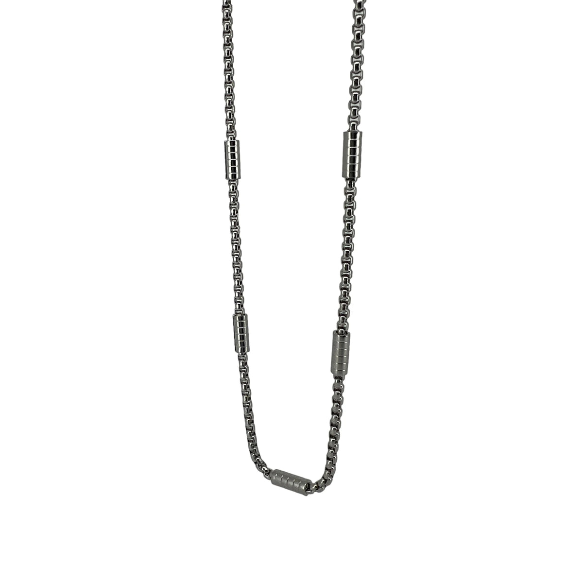 Silver or metallic chain necklace with cylindrical connectors.