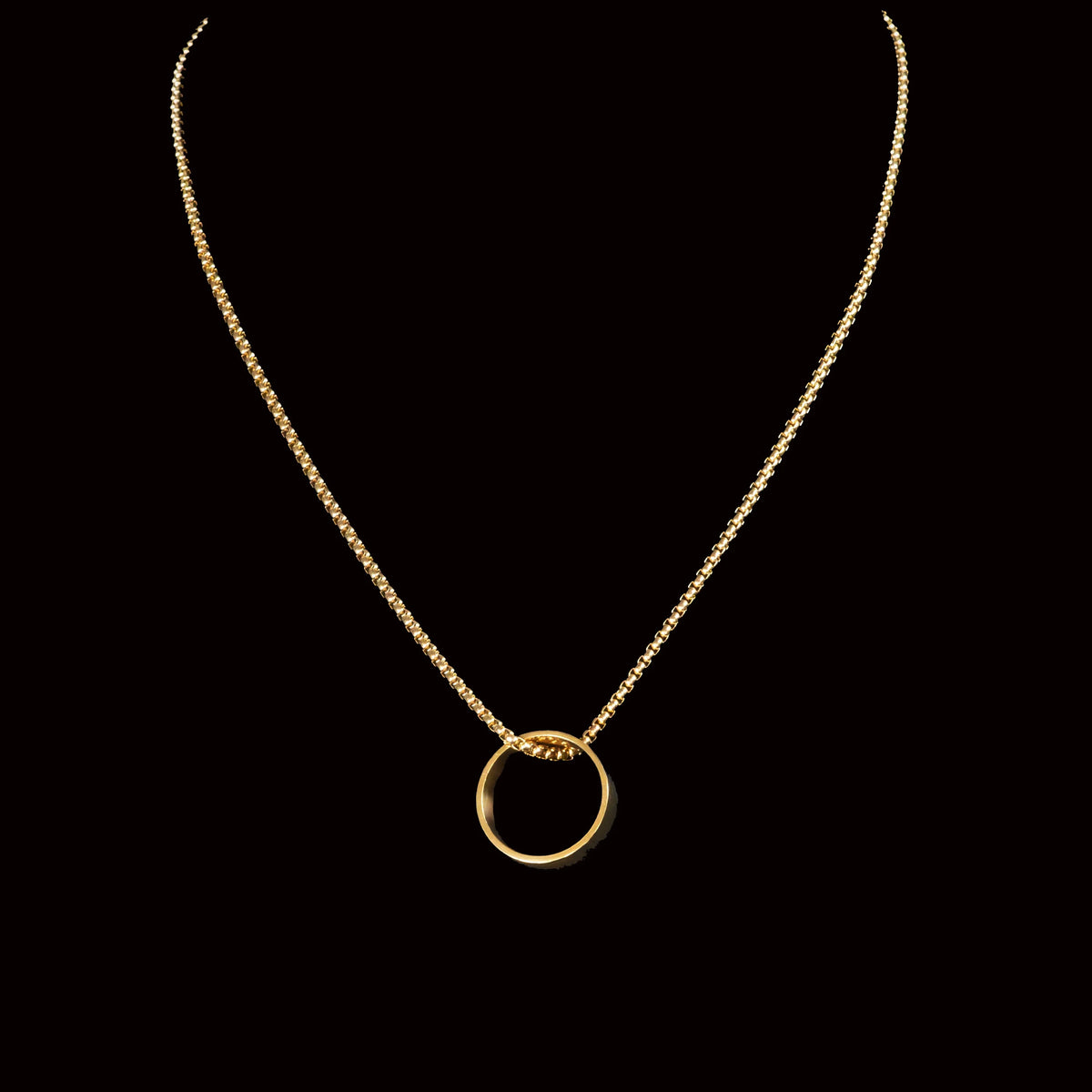 Gold necklace with a circular pendant.