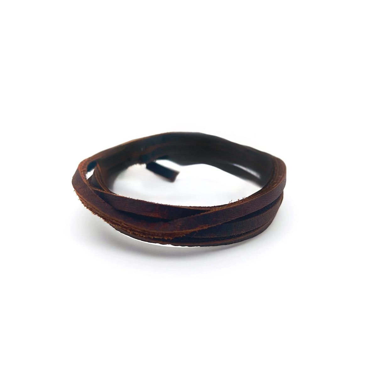 Brown leather bracelet with a twisted design.