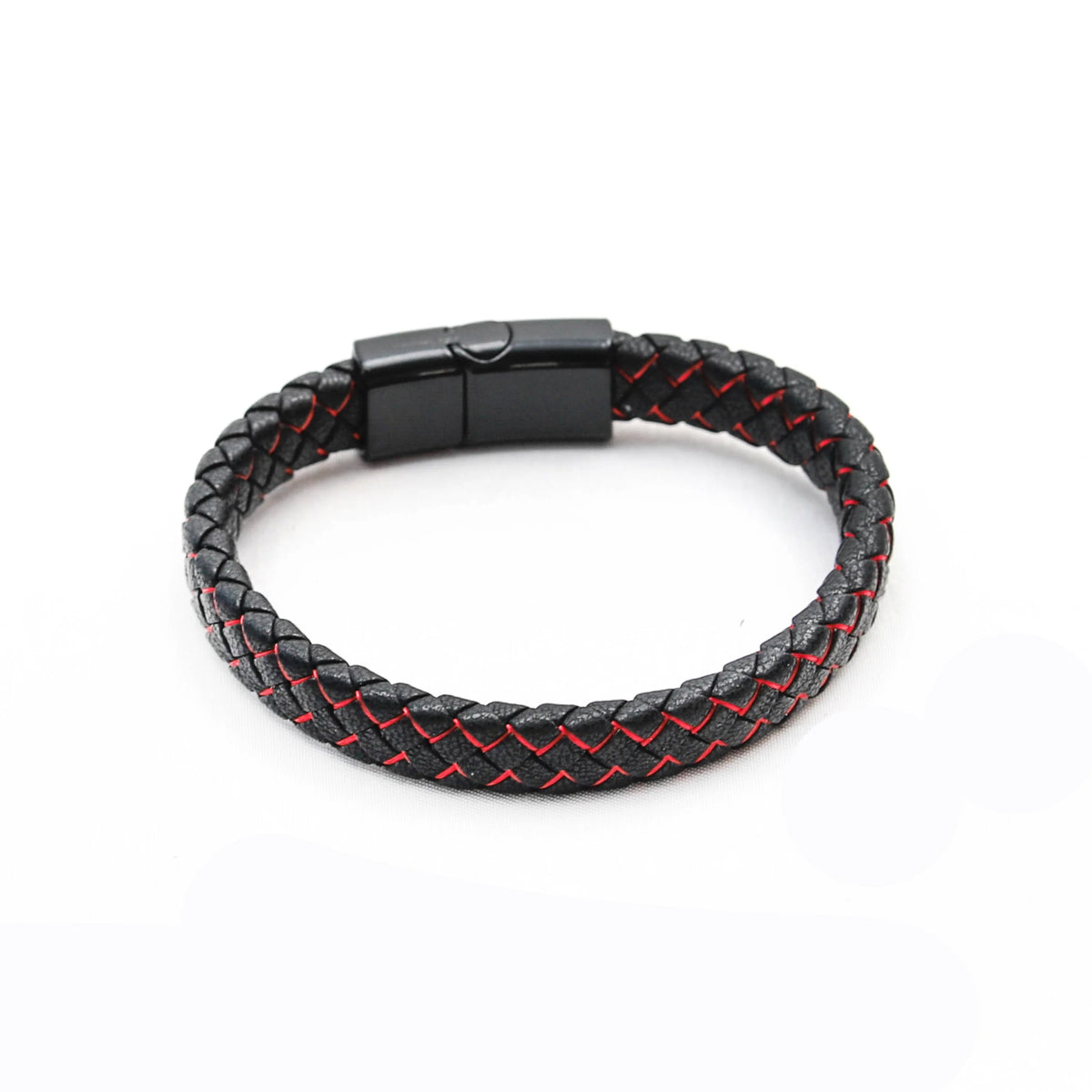 Black leather bracelet with red stitching and a metal clasp.