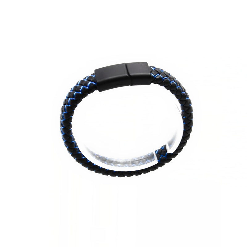 Braided leather bracelet with black and blue strands and a black clasp.