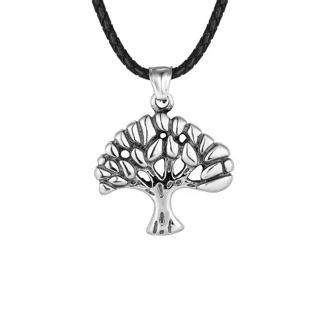 Silver tree of life pendant on a black cord necklace.