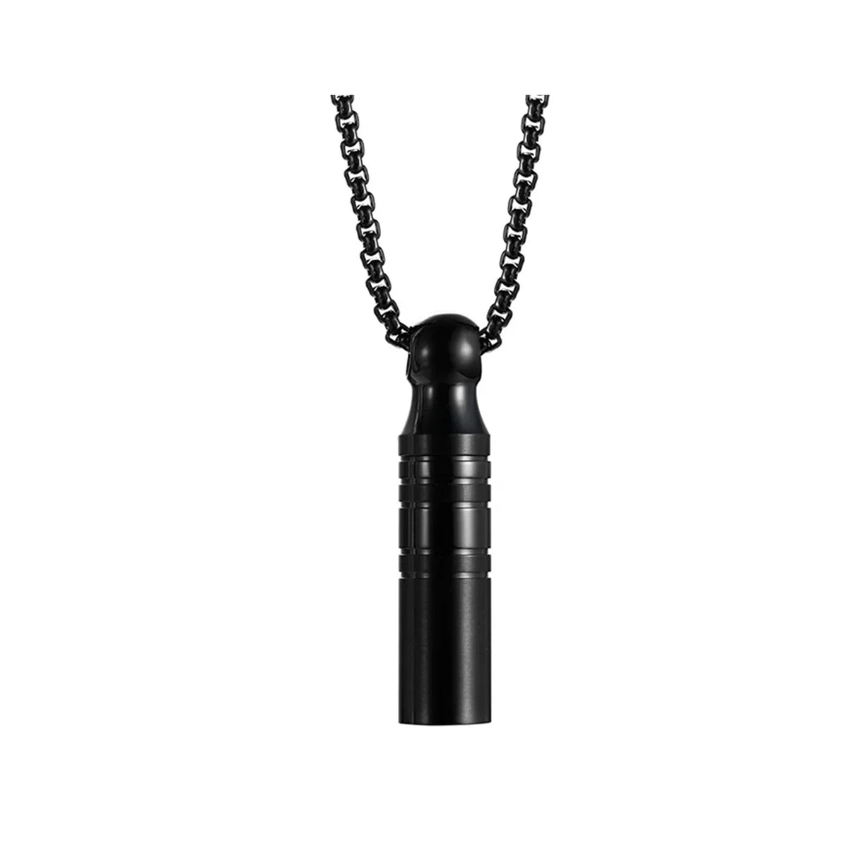 Black cylindrical pendant necklace with a chain.