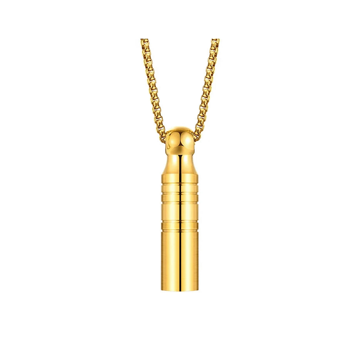 Gold cylindrical pendant necklace with a chain.