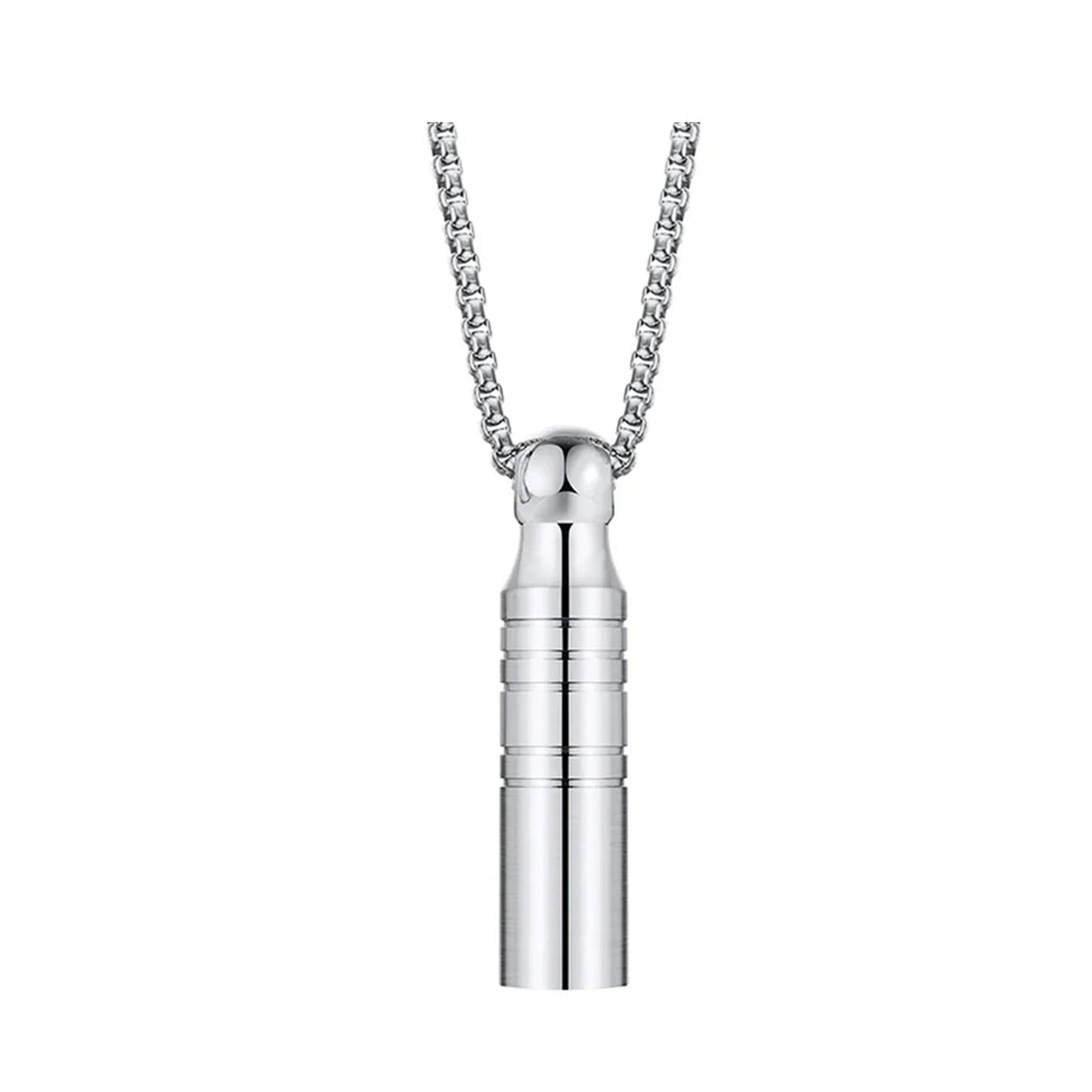 Silver cylindrical pendant on a chain necklace.