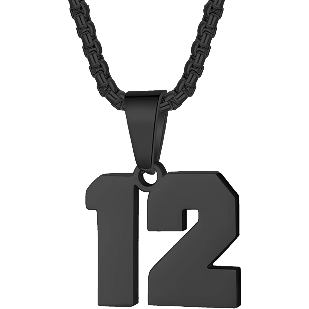 Black metal pendant necklace featuring the number 12.