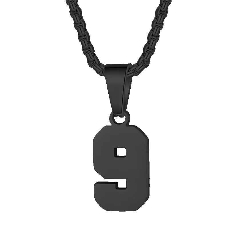 Black metal pendant necklace featuring the number 9.