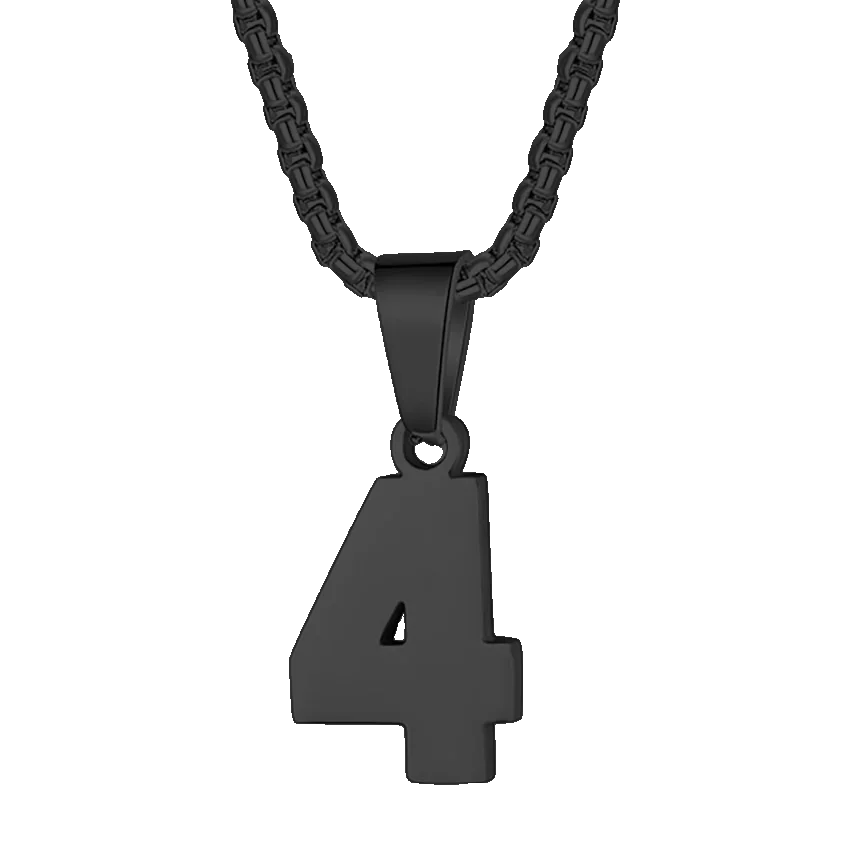 Black metal pendant necklace featuring the number 4.