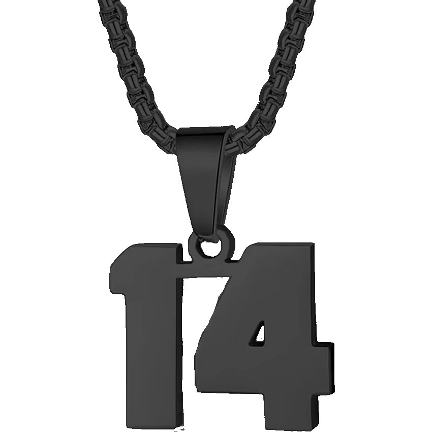 Black metal pendant necklace featuring the number 14.