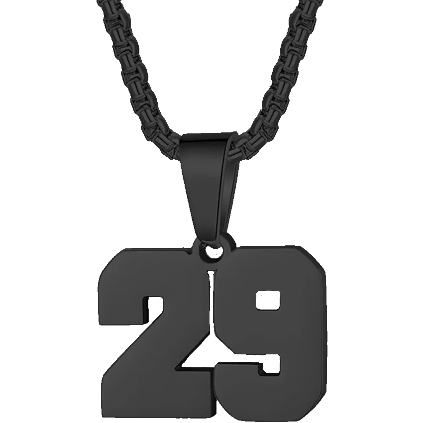 Black metal pendant necklace featuring the number 29.