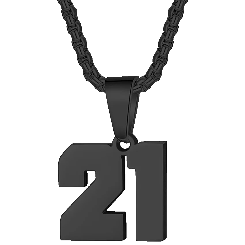 Black metal pendant necklace featuring the number ’21’.