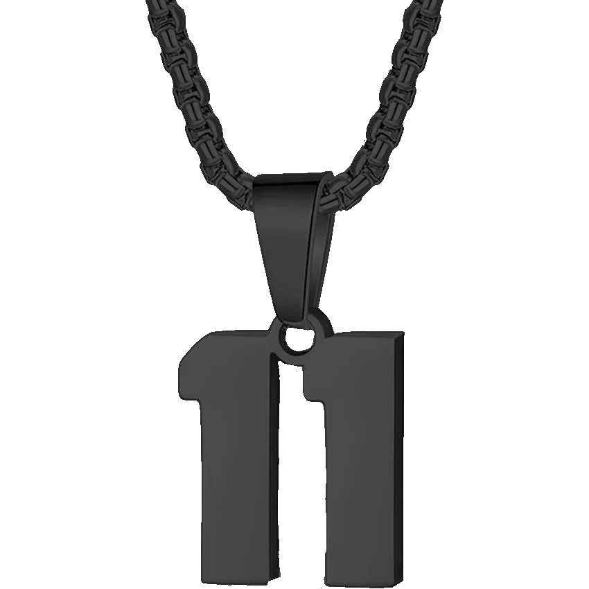 Black pendant necklace featuring the number 11.