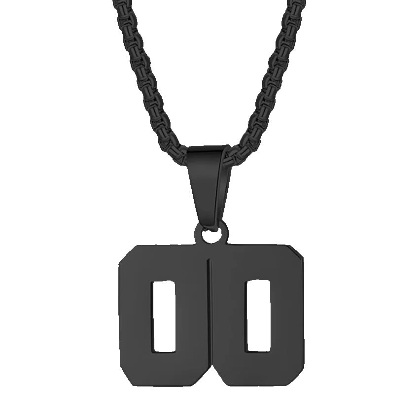 Black pendant necklace featuring the number ’00’ as the charm.