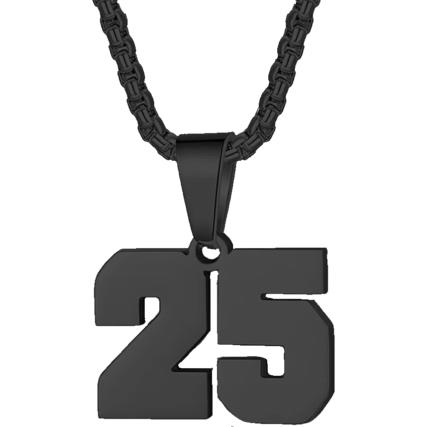 Black pendant necklace featuring the number 25.