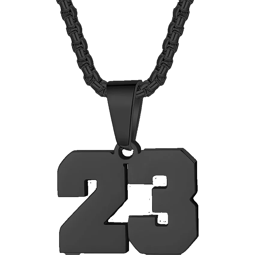 Black pendant necklace featuring the number 23.