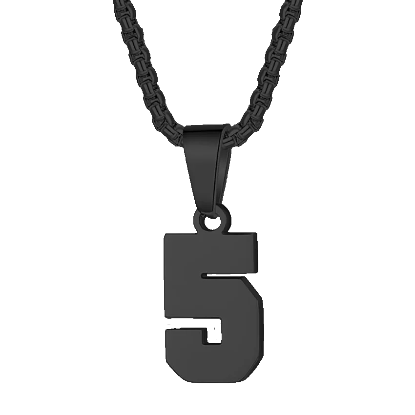 Black pendant necklace featuring the number 5.