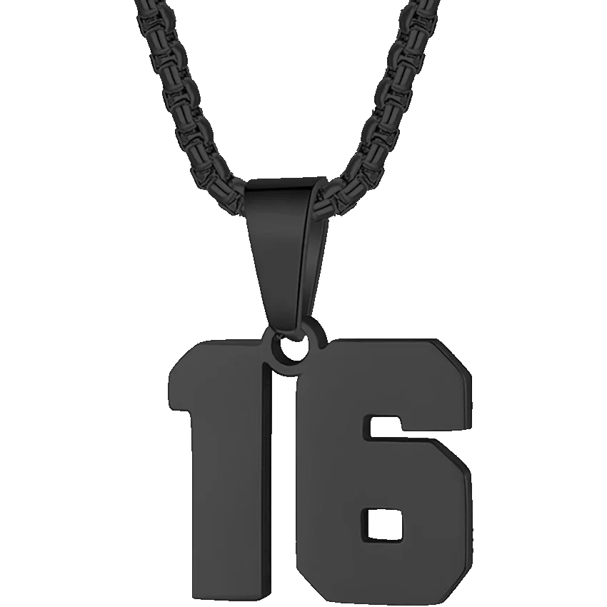 Black pendant necklace featuring the number 16.