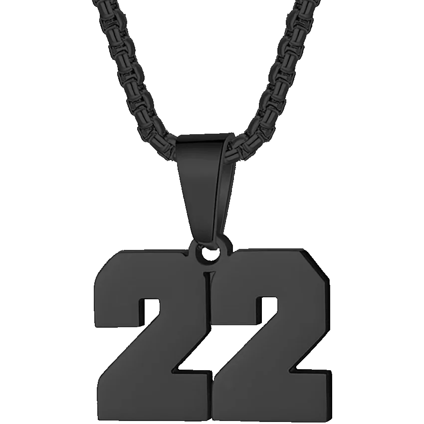 Black pendant necklace featuring the number 22.