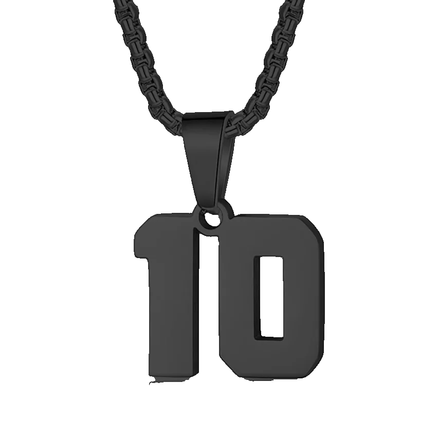 Black pendant necklace featuring the number ’10’ as the charm.