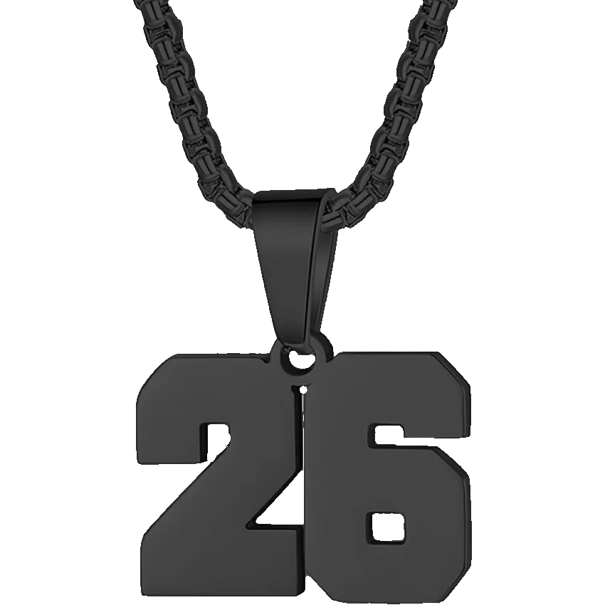 Black pendant necklace featuring the number 26.