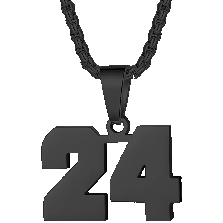 Black pendant necklace featuring the number 24.