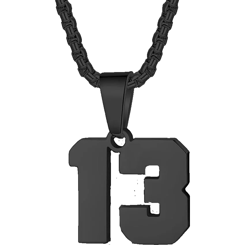 Pendant necklace featuring the number 13 in bold black numerals.