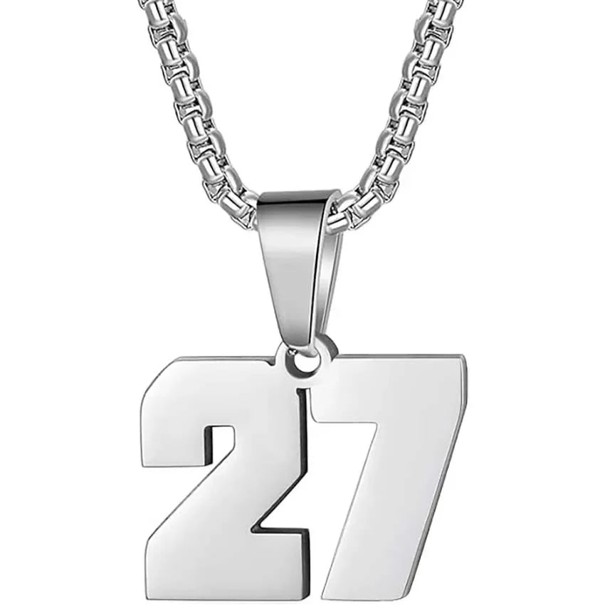 Silver pendant necklace featuring the number 27.