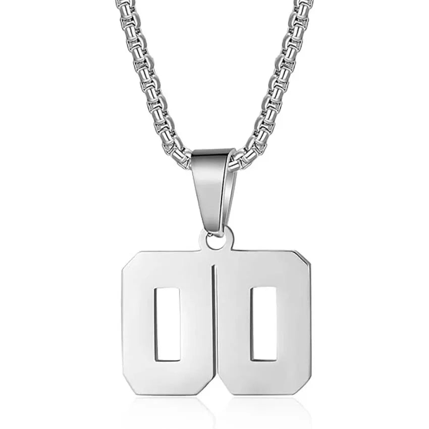 Silver pendant necklace with the number ’00’ as the charm.