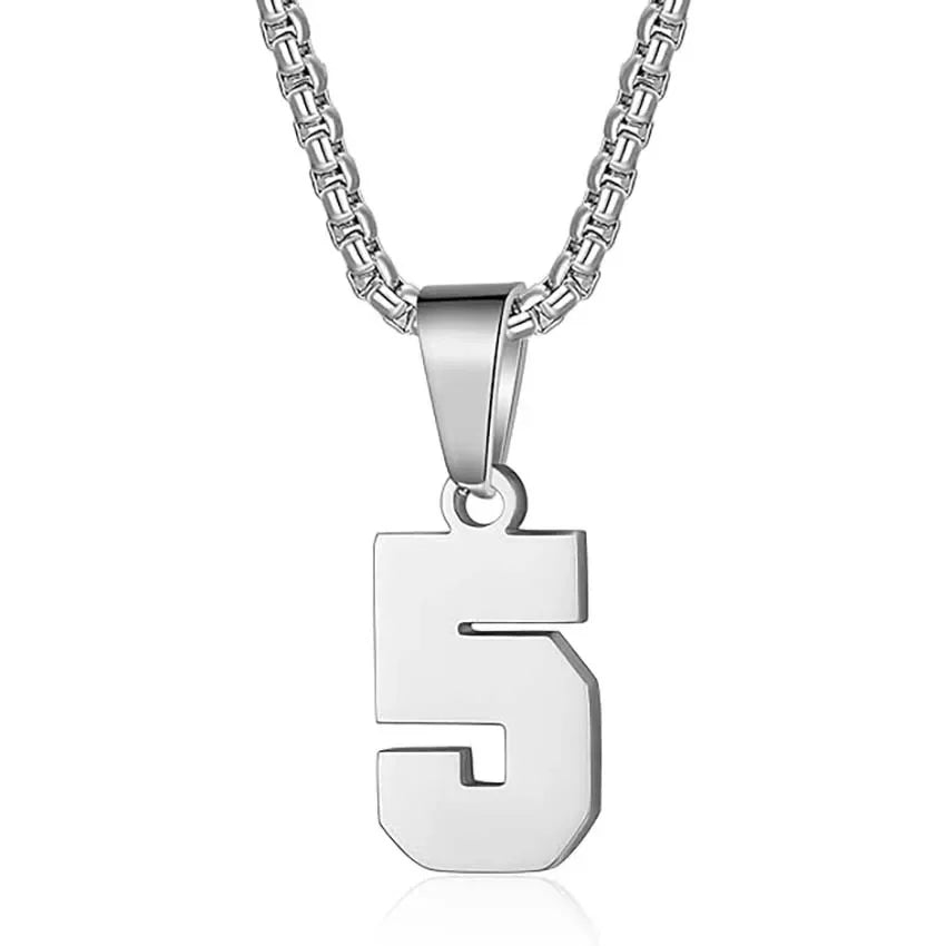 Silver pendant necklace featuring the number 5.