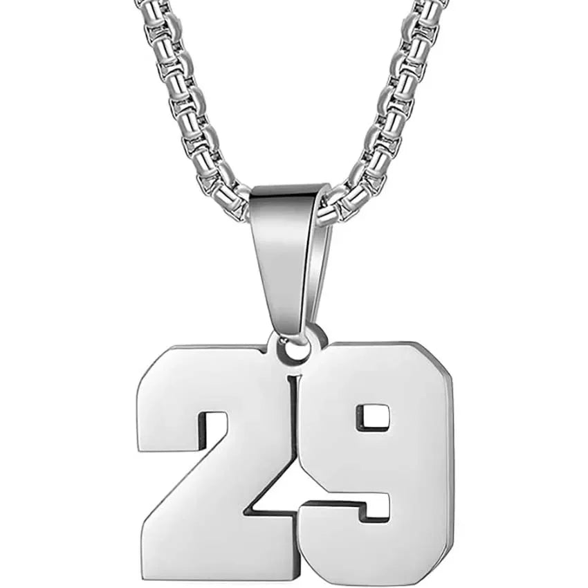 Silver pendant necklace featuring the number 29.