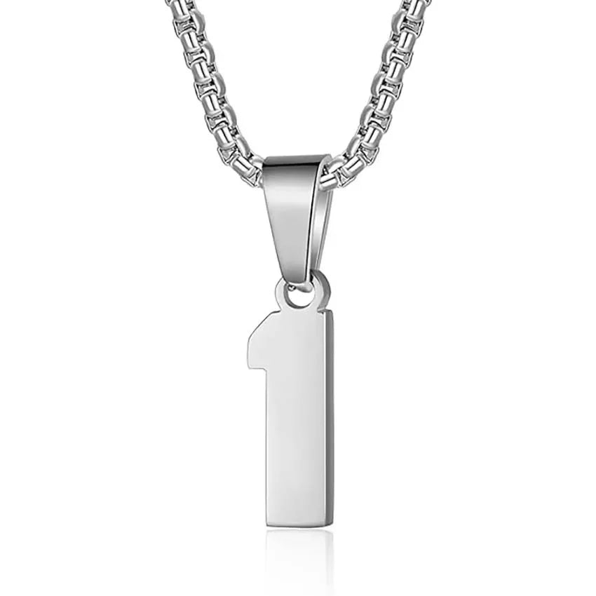 Silver pendant necklace featuring the number ’1’ as the charm.