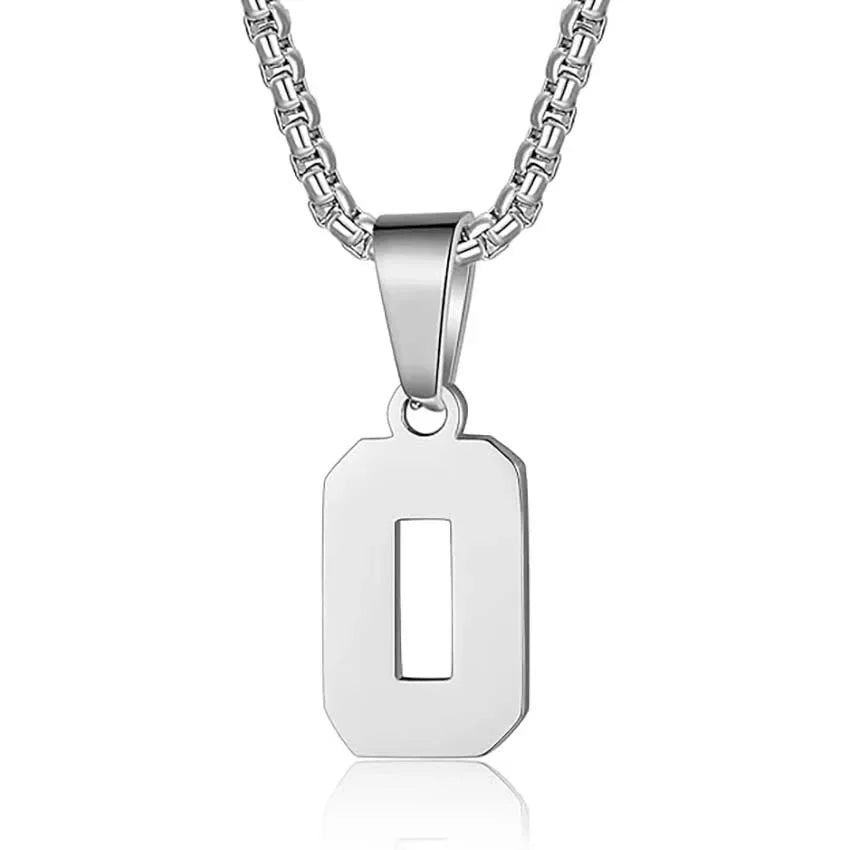 Silver pendant necklace featuring the letter ’O’ on a chain.