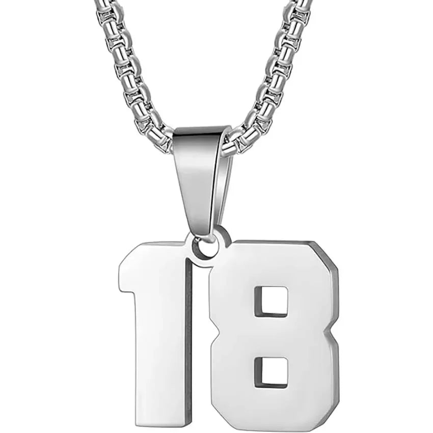 Silver pendant necklace featuring the number 18.