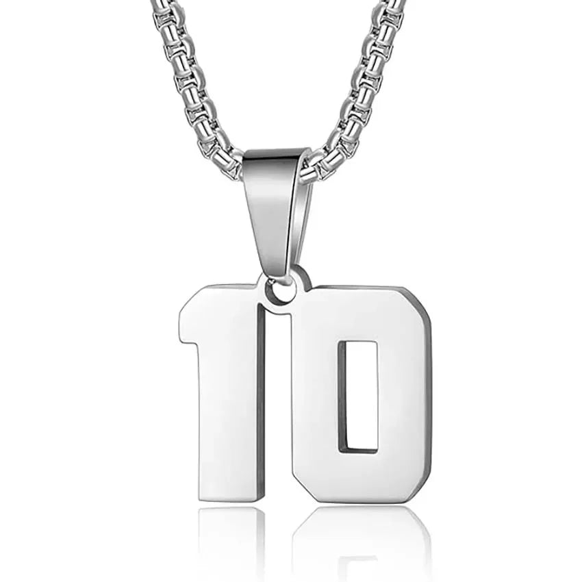 Silver pendant necklace featuring the number ’10’ as the charm.