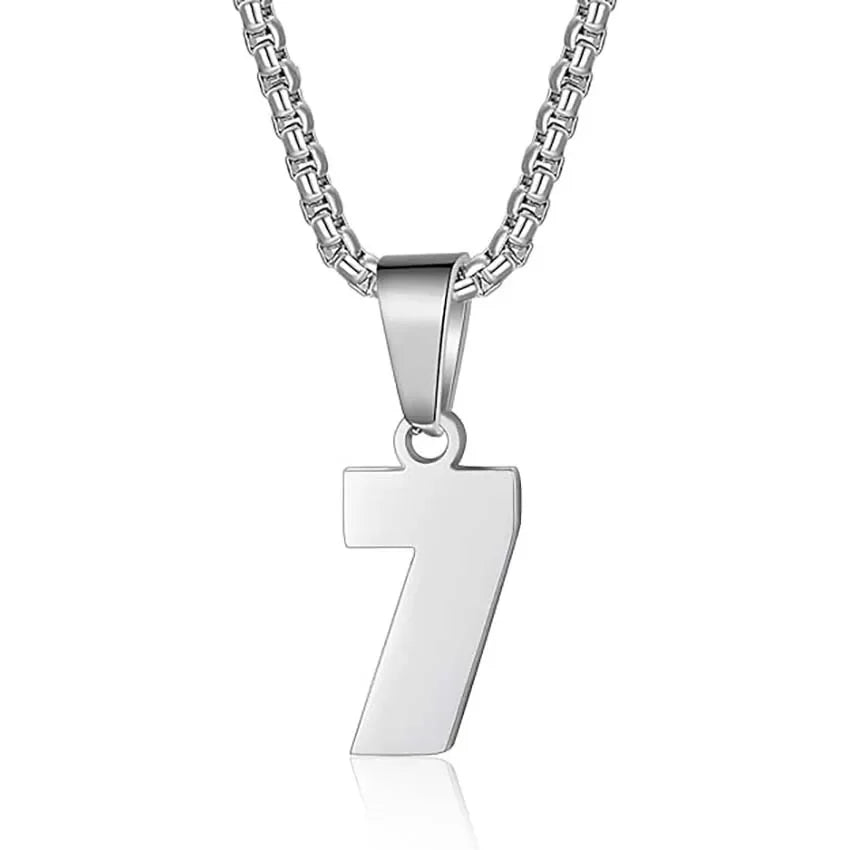 Silver pendant necklace featuring the number 7.