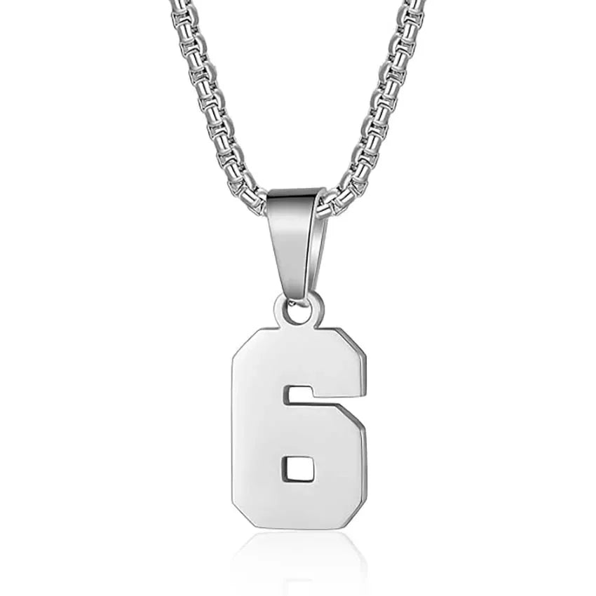 Silver pendant necklace featuring the number 6.